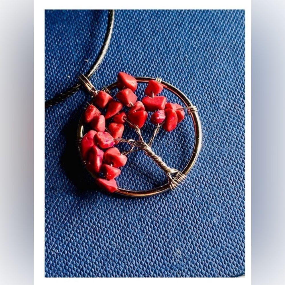 Red Coral Chip Tree of Life Pendant - Picture 1 of 6